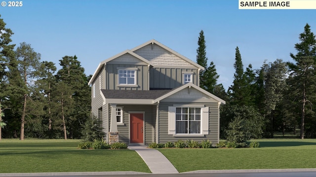 view of front of house with board and batten siding and a front yard