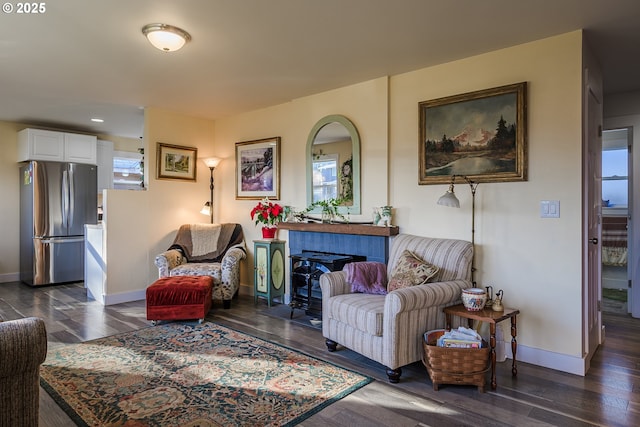 living area featuring a wealth of natural light, dark wood finished floors, and baseboards