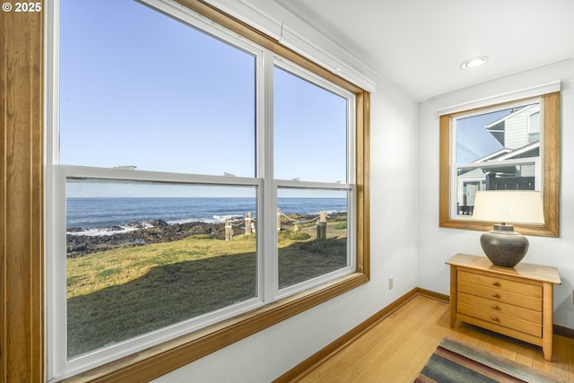 interior space featuring a water view and light hardwood / wood-style flooring