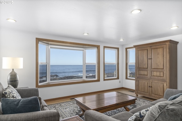 living room featuring a water view and wood-type flooring