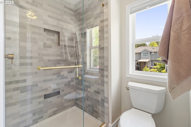 full bathroom featuring healthy amount of natural light, a shower stall, and toilet