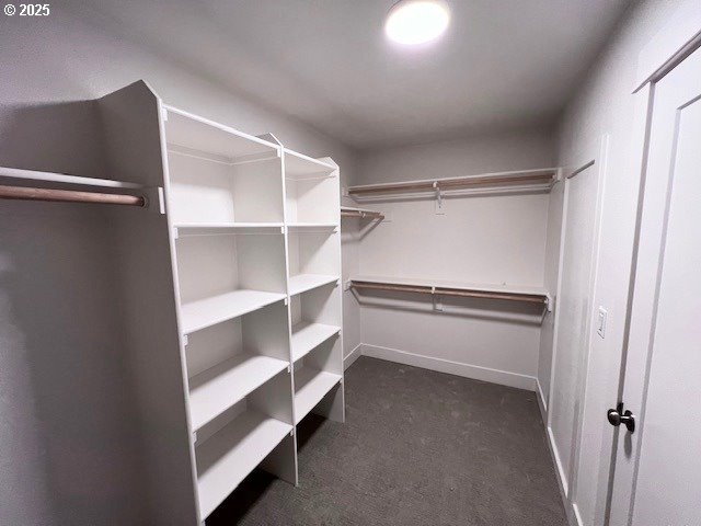 walk in closet featuring dark carpet