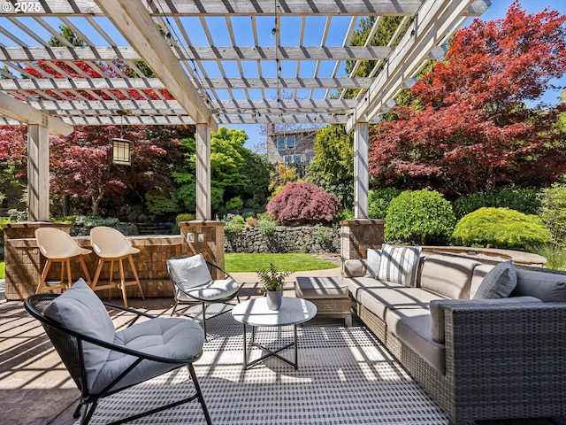 view of patio with an outdoor hangout area and a pergola
