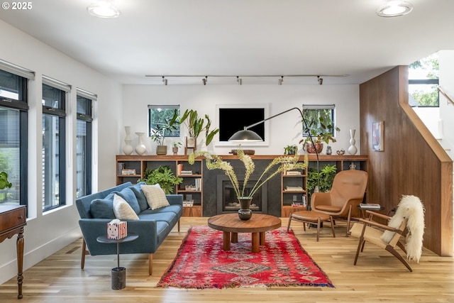3419 SE Woodward St, Portland, OR 97202 - living area featuring track lighting, light wood-style floors, plenty of natural light, and a fireplace
