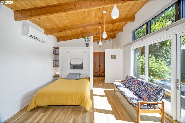 3419 SE Woodward St, Portland, OR 97202 - bedroom featuring a wall mounted AC, wooden ceiling, and wood finished floors