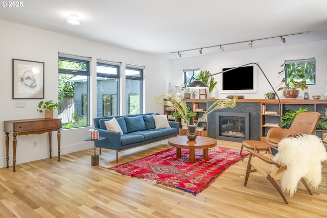3419 SE Woodward St, Portland, OR 97202 - living room with wood finished floors, track lighting, and a glass covered fireplace