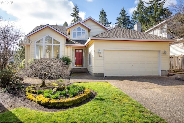 view of front of house featuring a garage, fence, concrete driveway, roof with shingles, and a chimney