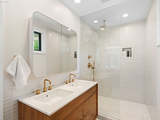 3440 SW 100th Ave, Portland, OR 97225 - bathroom with walk in shower, double vanity, recessed lighting, and tile walls