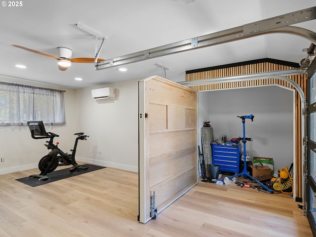 3440 SW 100th Ave, Portland, OR 97225 - workout room with a wall mounted AC, wood finished floors, recessed lighting, and ceiling fan