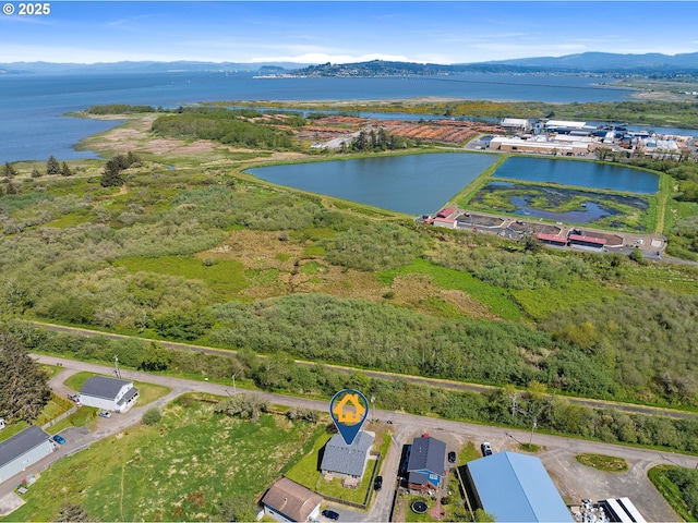 drone / aerial view with a water and mountain view