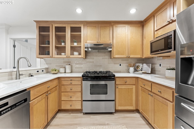 kitchen with backsplash, sink, stainless steel appliances, and light hardwood / wood-style floors