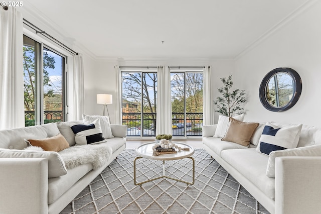 living room with ornamental molding