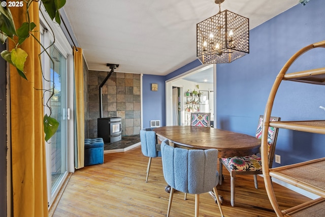 dining room with a wood stove, light wood finished floors, and visible vents