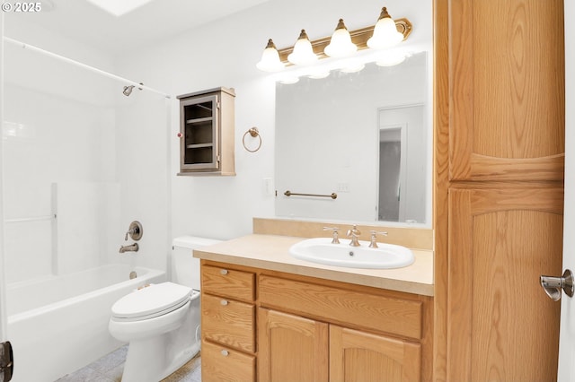 full bath with shower / bathing tub combination, toilet, and vanity