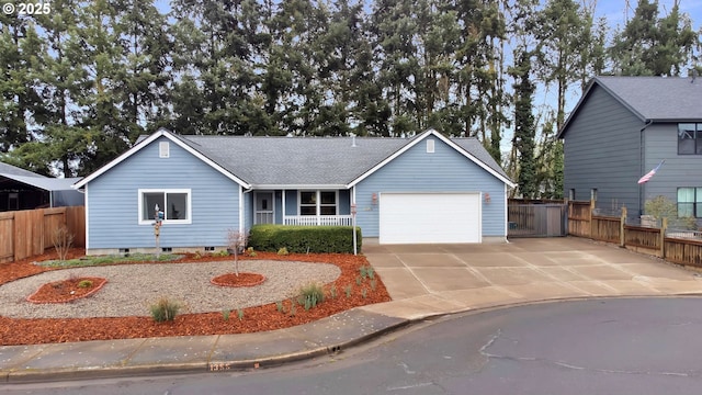 ranch-style house featuring an attached garage, a shingled roof, fence, crawl space, and driveway