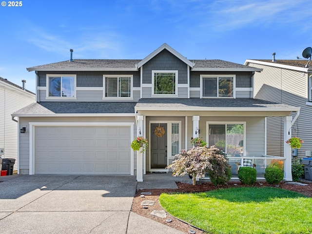 view of front of house with a porch, a garage, concrete driveway, roof with shingles, and a front yard