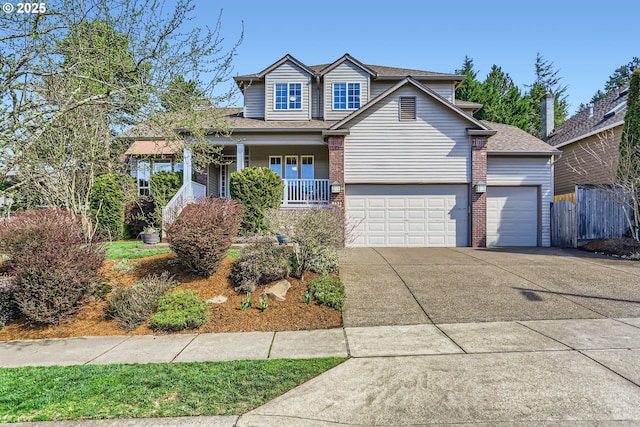 8650 SW Turquoise Loop, Beaverton, OR 97007 - traditional-style home featuring brick siding, concrete driveway, a porch, an attached garage, and fence