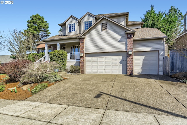 8650 SW Turquoise Loop, Beaverton, OR 97007 - traditional-style home featuring brick siding, concrete driveway, a garage, covered porch, and roof with shingles