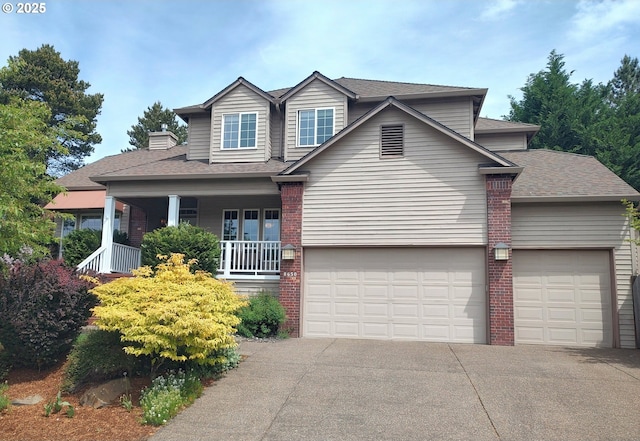 8650 SW Turquoise Loop, Beaverton, OR 97007 - view of front of home with driveway, brick siding, a shingled roof, a porch, and a garage