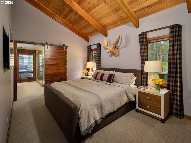71183 Bracken Ln Unit Gh76, Black Butte Ranch, OR 97759 - bedroom with carpet floors, wood ceiling, and a barn door