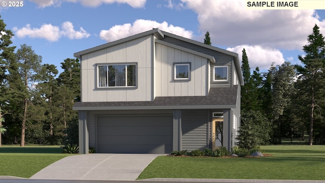 view of front of house with an attached garage, driveway, a front lawn, and a shingled roof