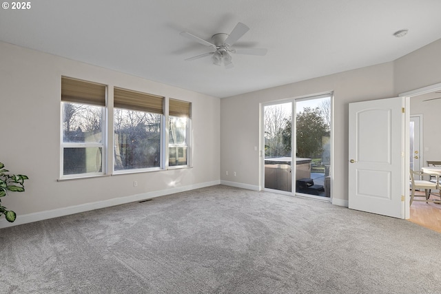 unfurnished room with carpet flooring and ceiling fan