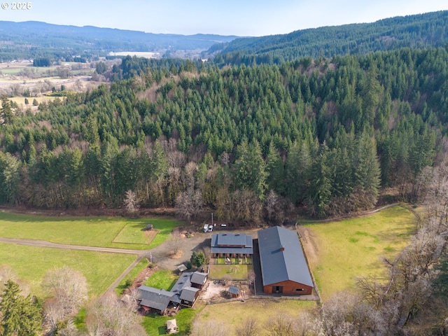 drone / aerial view with a mountain view and a wooded view