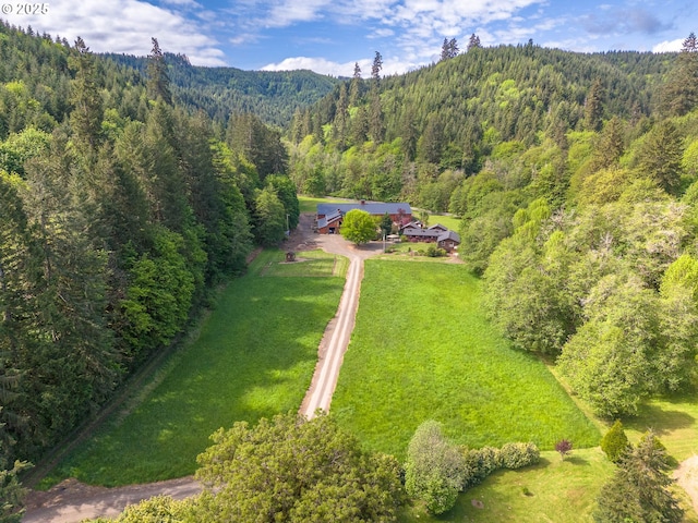 view of subject property with a heavily wooded area