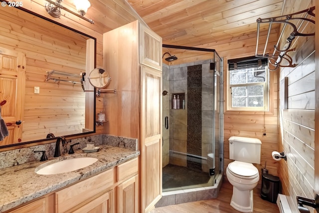 bathroom featuring toilet, wooden walls, a baseboard heating unit, wood ceiling, and a stall shower