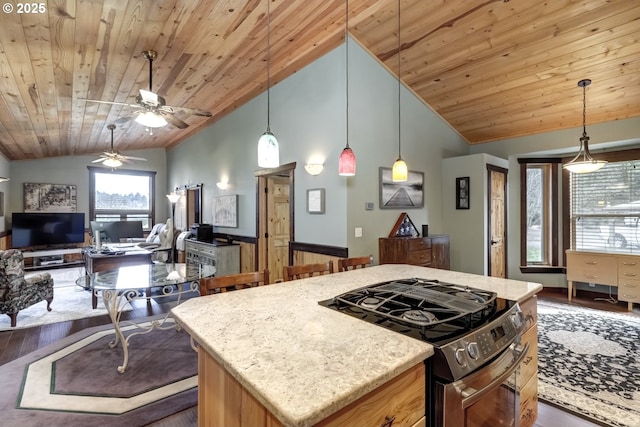 kitchen featuring stainless steel gas range oven, lofted ceiling, dark wood-type flooring, wooden ceiling, and ceiling fan
