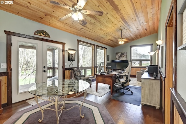 office space with ceiling fan, french doors, vaulted ceiling, dark wood-style floors, and wooden ceiling