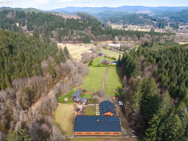 drone / aerial view featuring a mountain view and a wooded view