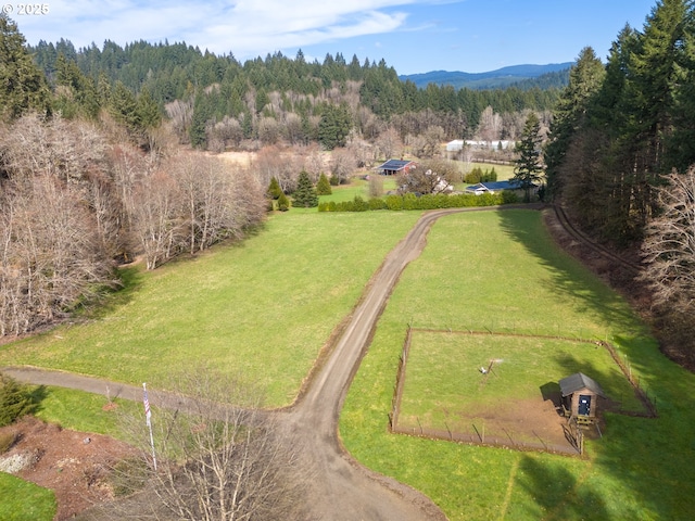 drone / aerial view with a forest view and a mountain view