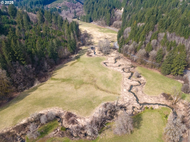 drone / aerial view featuring a view of trees