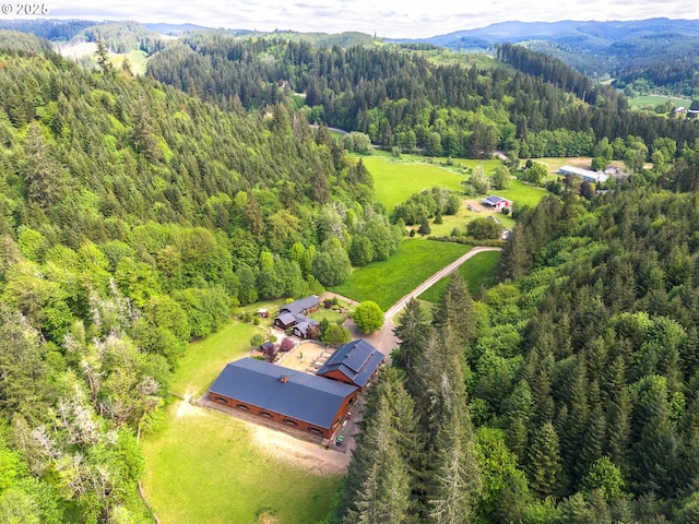 drone / aerial view of a heavily wooded area and a mountain backdrop