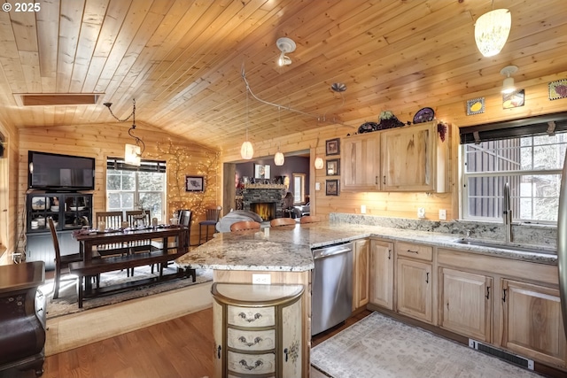 kitchen featuring stainless steel dishwasher, wooden ceiling, a peninsula, light wood finished floors, and lofted ceiling