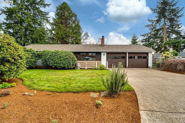 single story home with driveway, covered porch, a front yard, a garage, and a chimney