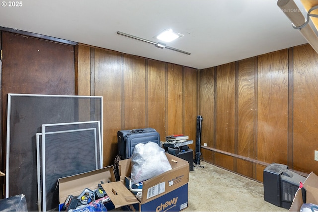 misc room featuring light colored carpet and wooden walls