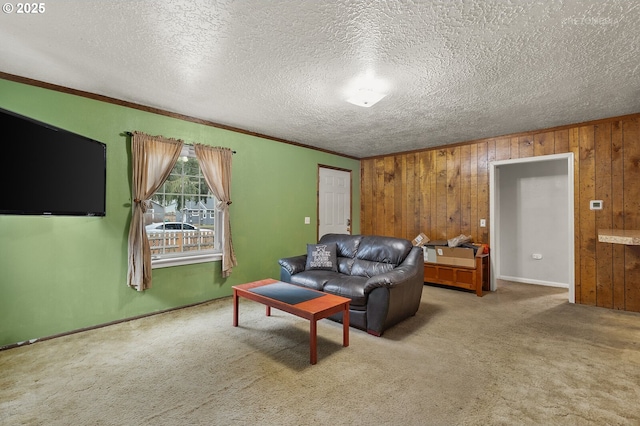 living room with crown molding, wood walls, carpet, and a textured ceiling