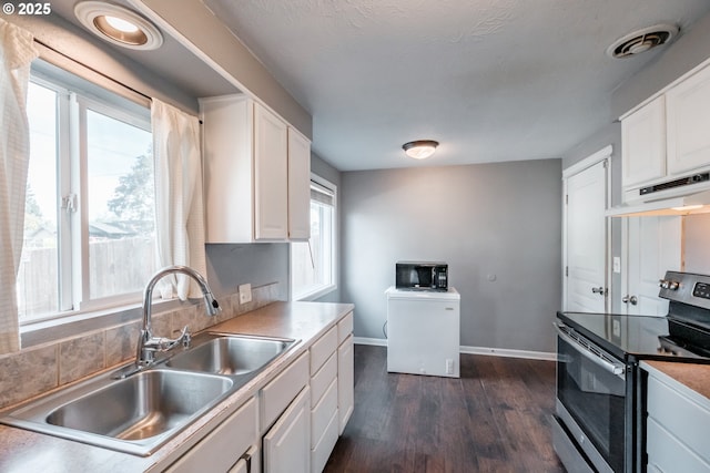 kitchen featuring white cabinetry, sink, stainless steel electric range, and dark hardwood / wood-style floors