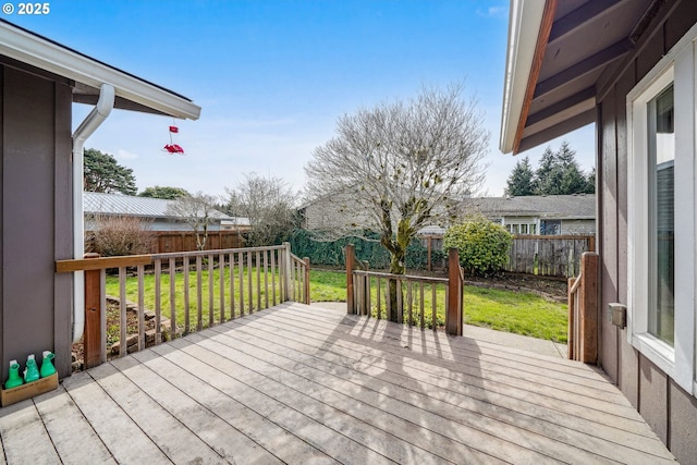 wooden deck with a lawn and a fenced backyard