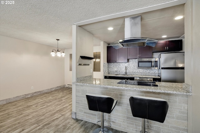 kitchen with light wood finished floors, appliances with stainless steel finishes, a peninsula, and island range hood