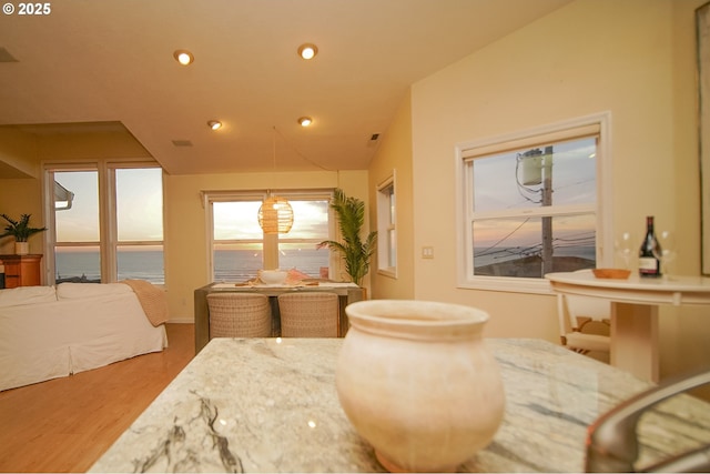 living area with a water view, hardwood / wood-style flooring, and lofted ceiling