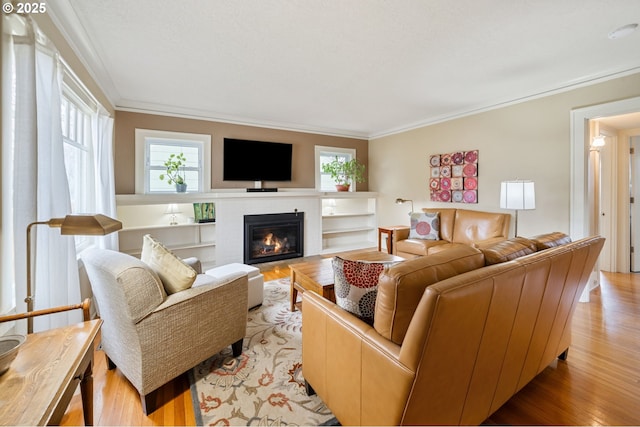 living room featuring a glass covered fireplace, light wood-type flooring, a wealth of natural light, and ornamental molding