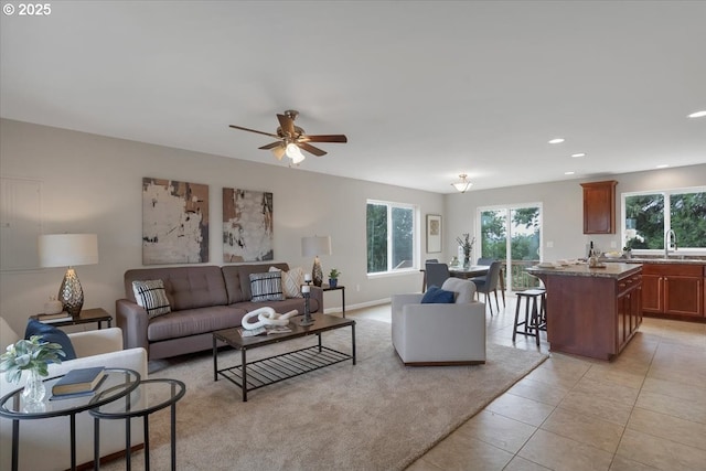 21795 SE Grand Island Loop, Dayton, OR 97114 - living room with plenty of natural light, light tile patterned floors, recessed lighting, and a ceiling fan