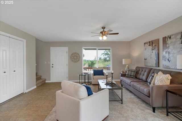 21795 SE Grand Island Loop, Dayton, OR 97114 - living area featuring stairs, a ceiling fan, and light tile patterned floors