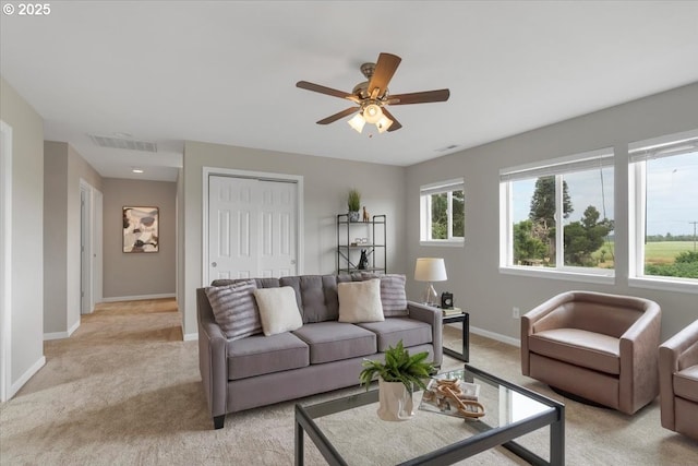 21795 SE Grand Island Loop, Dayton, OR 97114 - living room featuring light colored carpet and a ceiling fan