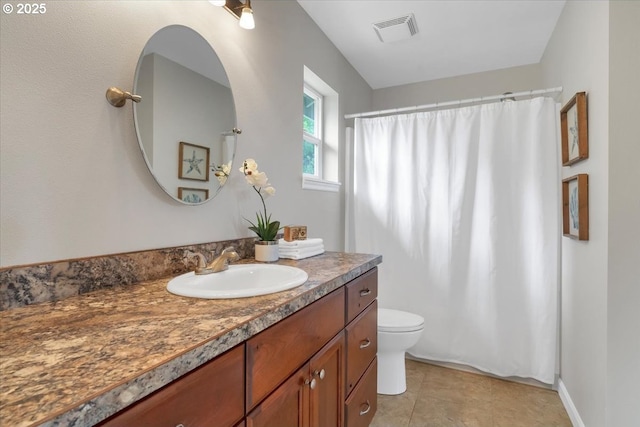 21795 SE Grand Island Loop, Dayton, OR 97114 - full bathroom with vanity, a shower with shower curtain, and tile patterned flooring