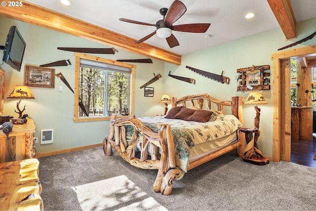 123604 Muttonchop St, Crescent Lake, OR 97733 - bedroom featuring beam ceiling, recessed lighting, multiple windows, carpet flooring, and heating unit
