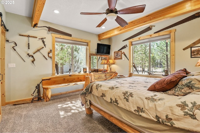 123604 Muttonchop St, Crescent Lake, OR 97733 - bedroom featuring recessed lighting, beam ceiling, carpet floors, ceiling fan, and access to outside